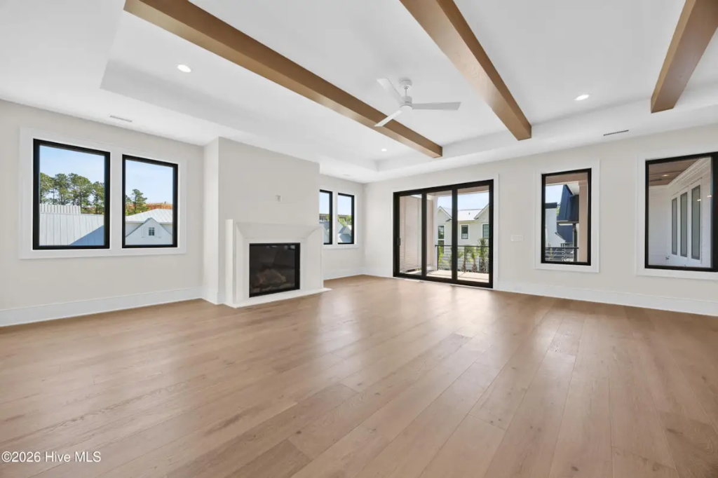 Custom Built-In Fireplace Surround & Ceiling Wood Beams